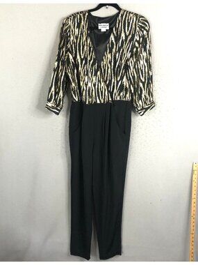 Vintage Melissa Lane Jumpsuit Women 16 Black Gold Metallic Fuzzy Rave Club Retro